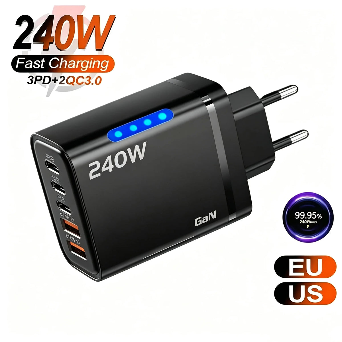 5 in 1 GaN Desktop Charger 240W Fast Charging Adapter 10A USB To Type C Cable 3PD 2 USB Charger For iPhone Samsung Xiaomi