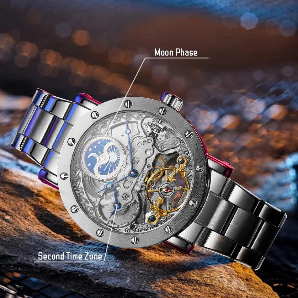 Luxury Brand GMT Time Zone Moon Phase Automatic Movement Man Watch Stainless Steel Skeleton Mechanical Waterproof Male Clockwork