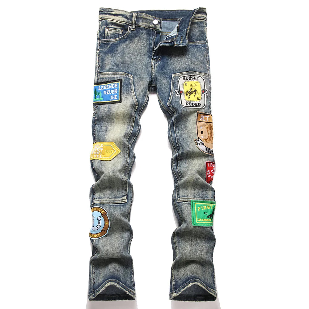 Men's Badge Patch Boot Cut Jeans Rivet Vintage Retro Blue Stretch Denim Pants Streetwear Slim Flared Trousers