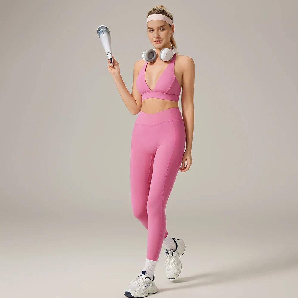 2 Piece Fitness Sets for Women Padded Push Up Sports Bra Booty Leggings with Pockets Yoga Gym Outfits Workout Sets Female
