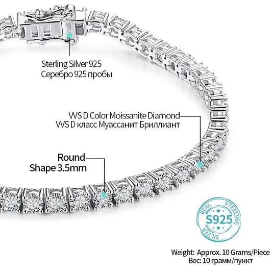 ATTAGEMS 4.0mm 5.0mm DVVS1 Pass Diamond Test Round Cut Moissanite Tennis Bracelet White Gold Plated 925 Silver Jewelry for Women