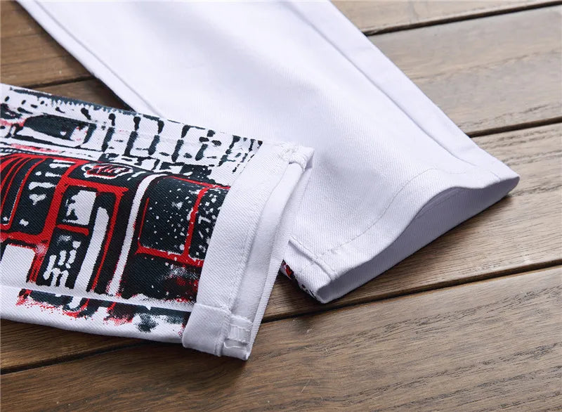 High Street Fashion Herren Jeans Nachtclub Schwarz Weiß Farbe Persönliche Designer Bedruckte Jeans Männer Punk Hosen Dünne Hip Hop Jeans