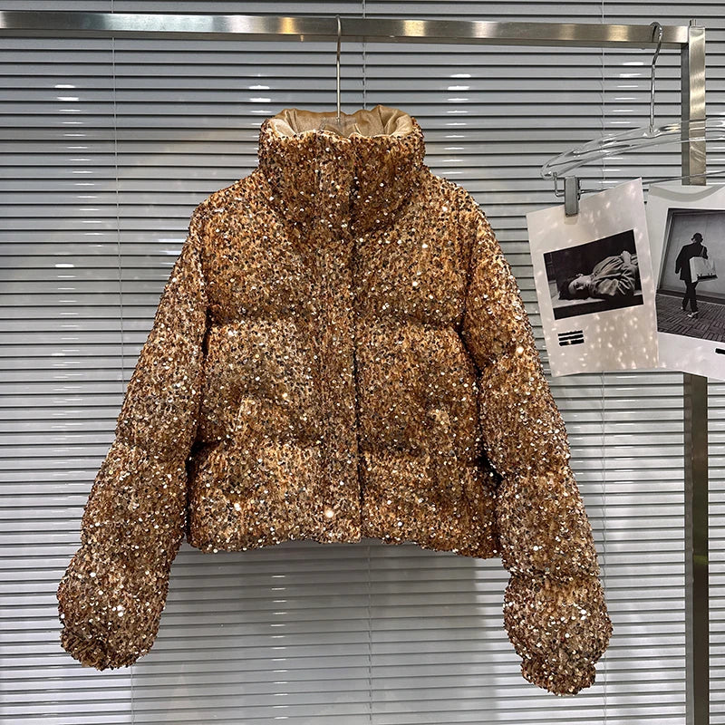 DEAT Winter New Fashion Heavy Industry Colorful Sequin Stand Collar Warm Jacket For Women Cotton-padded Coat 11A07258