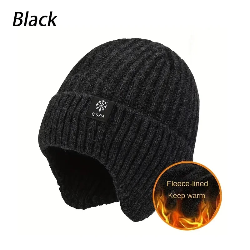 Men's Autumn/Winter Hat+Scarf Winter Warm Ear Protection Set Thick Knitted Wool Breathable Solid Color Hat