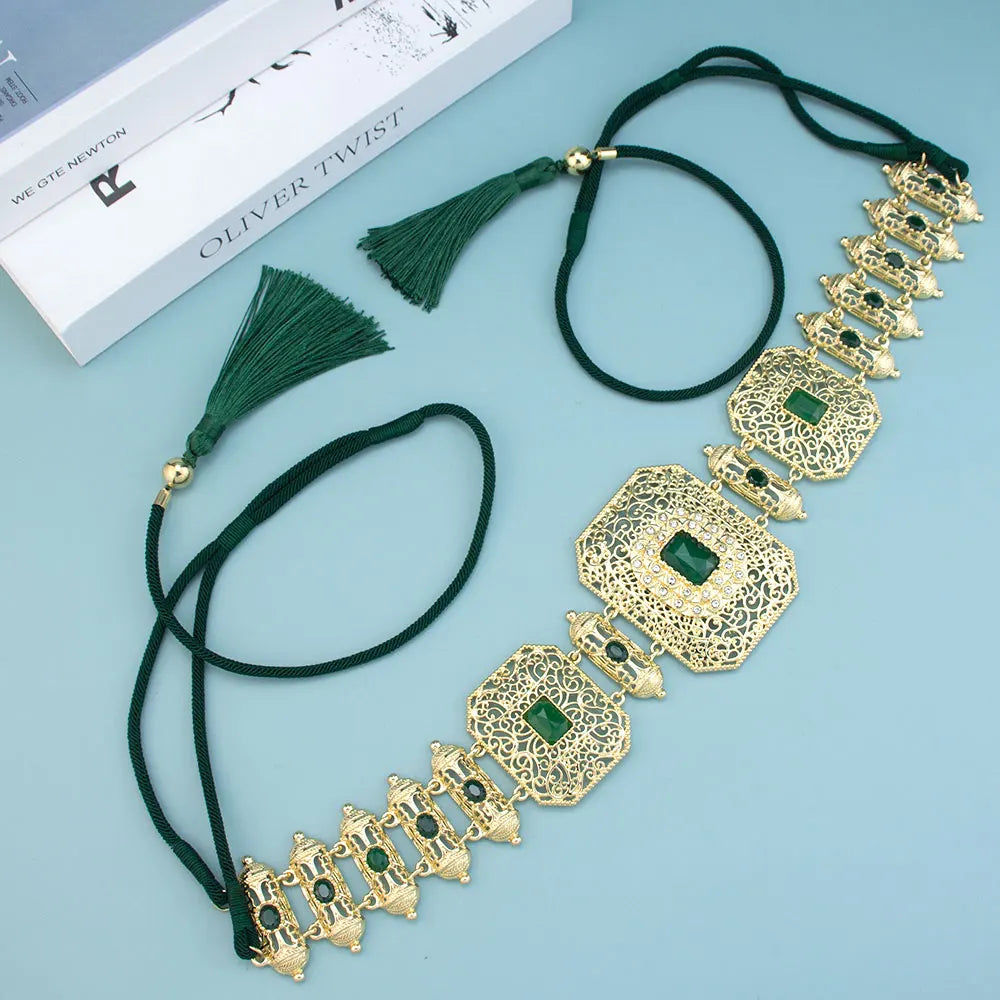 Sunspicems Gold Color Moroccan Caftan Belt Arabic Hand Rope Waist Chain Adjustable Length Women Belt Tassel Metal Body Jewelry