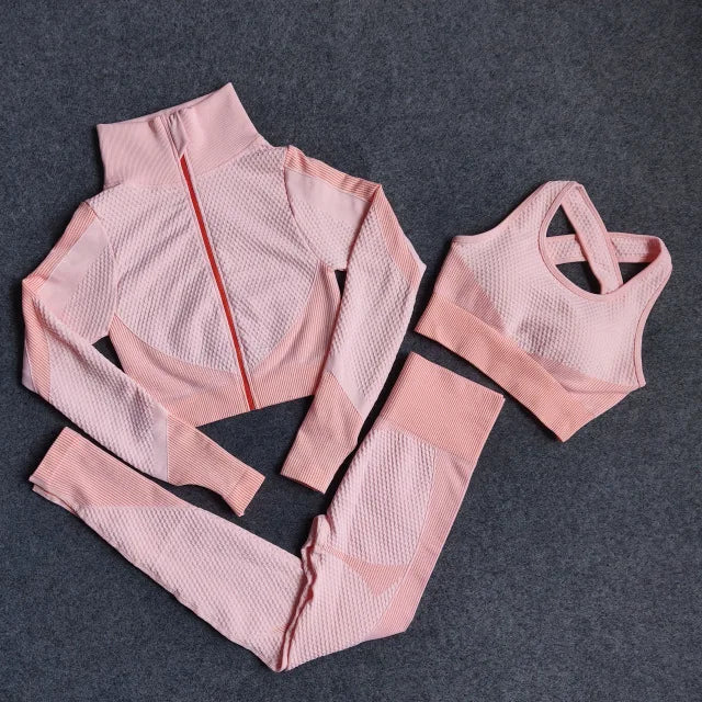 New  Spring Autumn Set Reticulate Stretch Fitness Seamless  Sportswear Suit For Women
