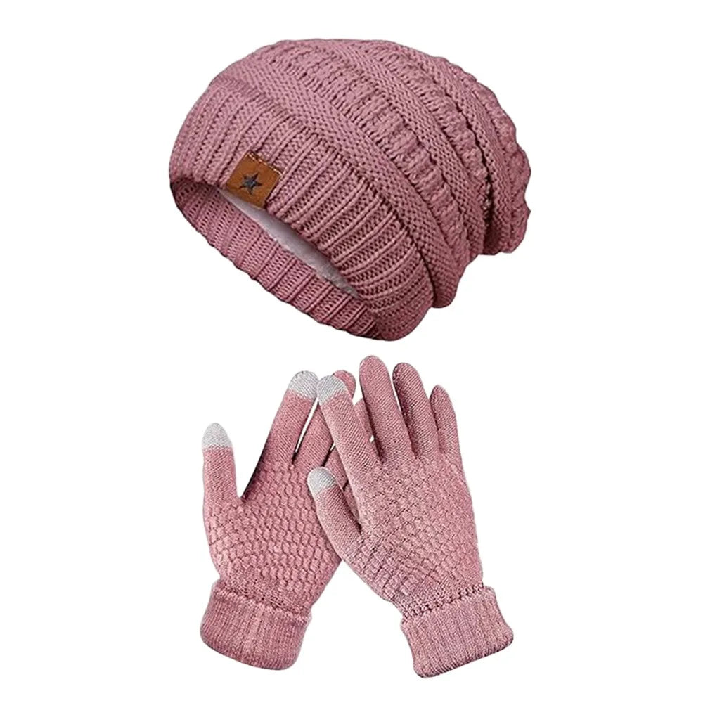 2PCS/Set Gift Warm Women Hats Gloves Set Soft Ear Protection Winter Warm Mitten Windproof Plush Beanie Cap for Men Women