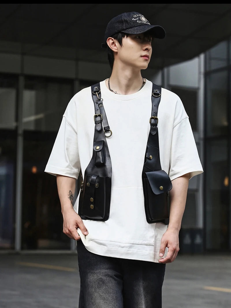 Men Women Steampunk Vintage PU Leather Shoulder Harness Bag Double Phone Wallet Case Holster Viking Underarm Purse Bag Costume