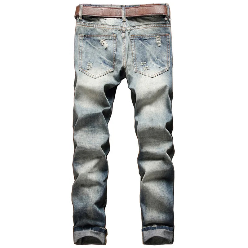 New Men's Hip Hop High Street Motorcycle Jeans Badge Distressed Ripped Denim Trousers Male Non-stretch Straight Slim Fit Jeans