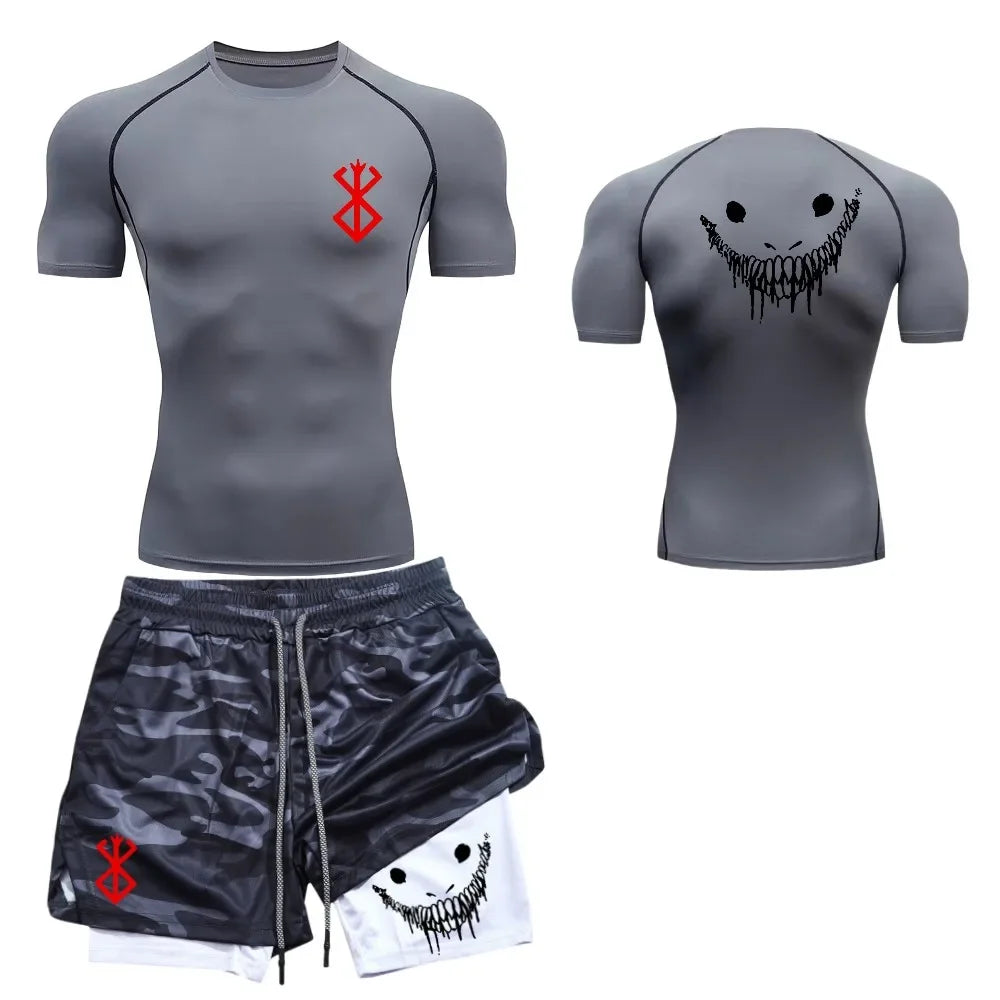 Men's fashionable casual fitness set, gym quick drying sportswear, shorts+shirt, 2-piece set, running, training, summer