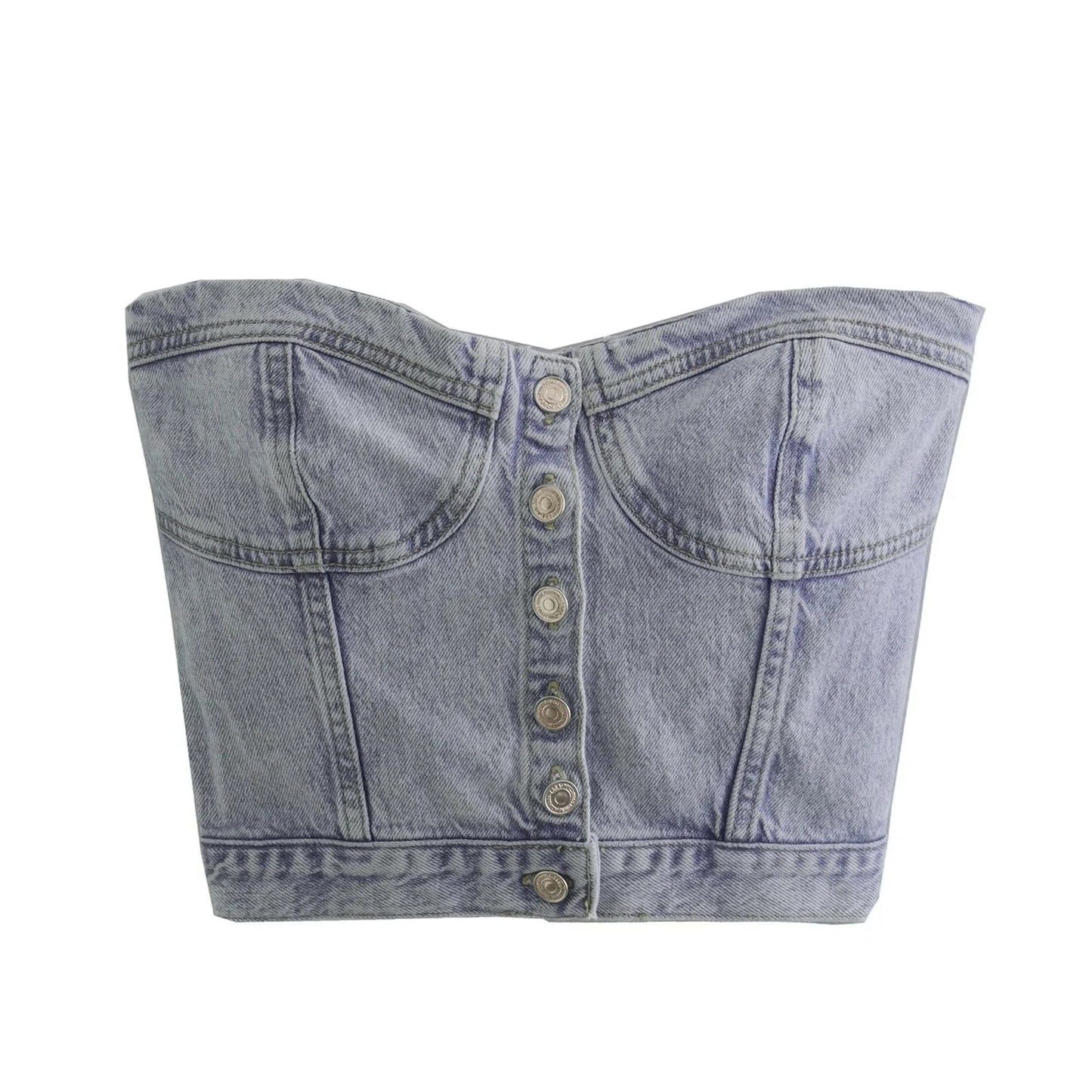 Combhasaki Women's Y2K Button Down Slim Fit Denim Tube Tops Off Shoulder Party Short Wrap Chest Backless Smocked Vest Bandeau