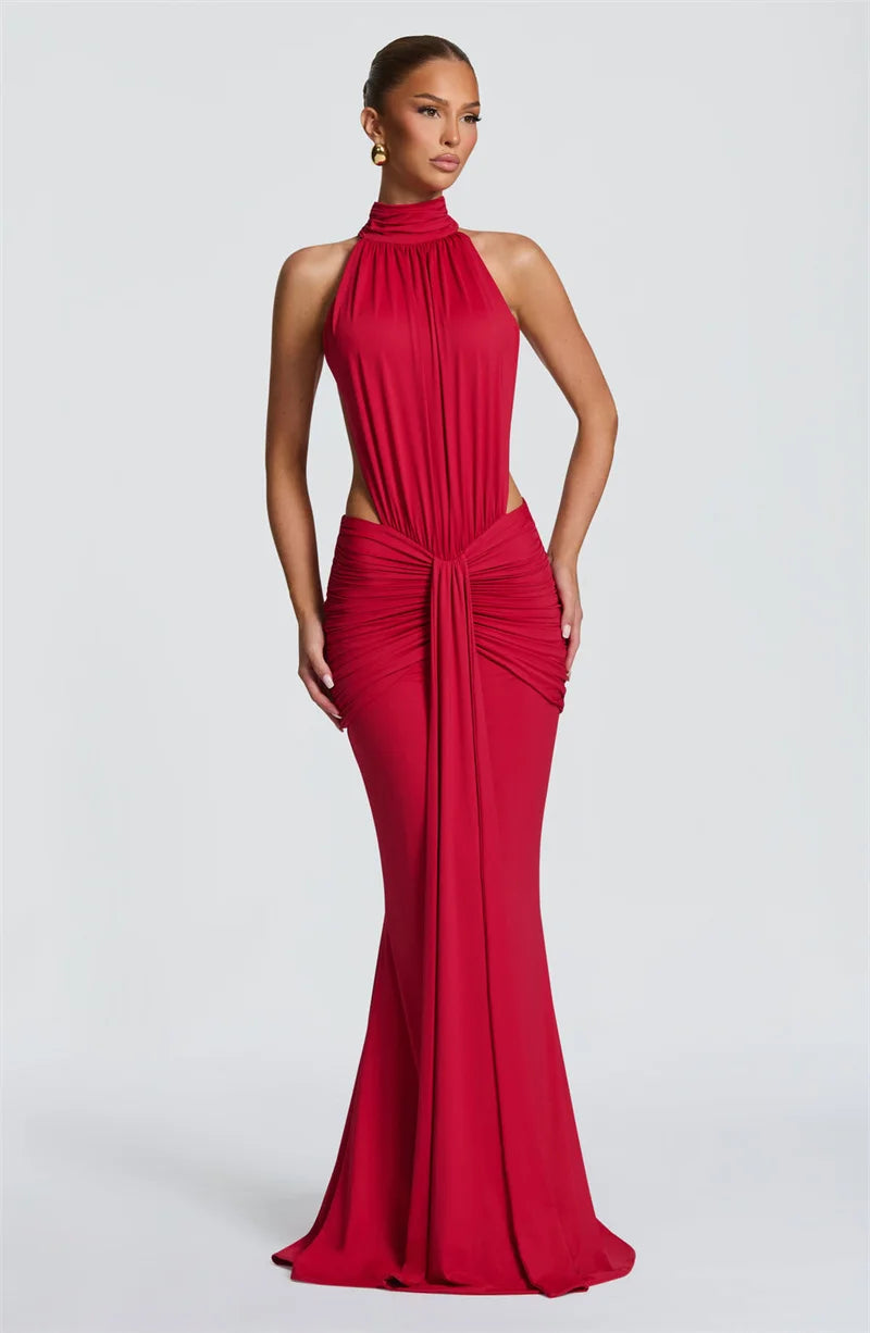 Mozision Turtleneck Backless Sexy Maxi Dress Women Gown Elegant Off-shoulder Sleeveless Ruched Bodycon Club Party Long Dress