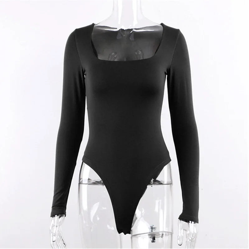 Bodysuit Long Sleeve Women Body streetwear  Forefair Sexy Bodycon Square Neck Sheath Crotch Basic Black Overalls Top