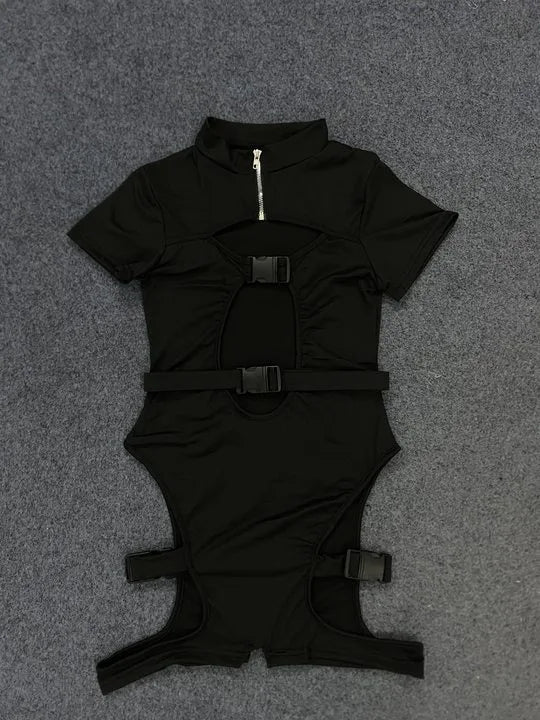 Elegant Hot Girl Style Black Hollow Out Functional Bodysuit Women Trendy Buckle Slimming Short Sleeve Top Casual Streetwear