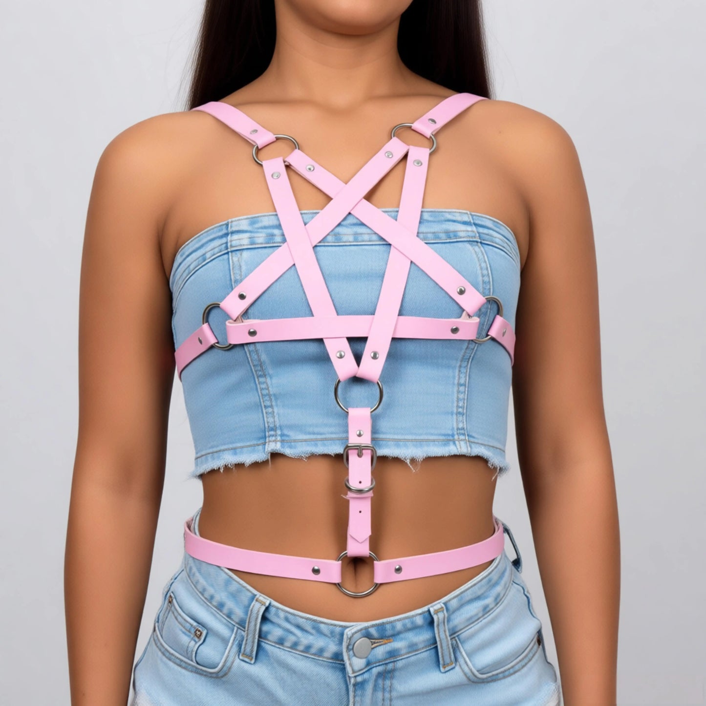 Leather Body Harness Belt, Pentagram Body Cage Harness Punk Grunge Kawaii Rave Pastel Pink,PU Leather Outfit Costume