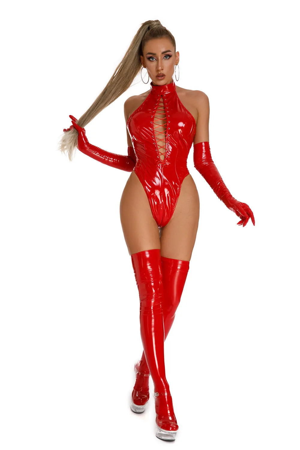 Womens Latex Catsuit Wet Look Lace-Up Body PVC Teddy Fetish Bodysuit Exotic Parties Night Club Wear Pole Dancing Full Set