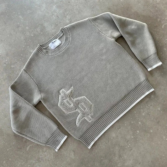 Y2K Round Neck Gray Knitted Sweater New Popular Symbol Pattern Retro Harajuku Pullover Autumn Winter Warm Boxy Men's Clothing
