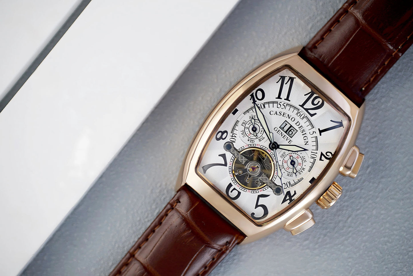 CASENO Top Luxury Brand Men's Fully Automatic Mechanical Tourbillon Watch Calendar Night Glow Tonneau Skeleton Watch -577G