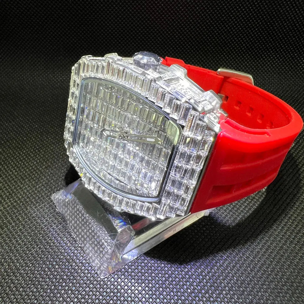 Luxusmarke Herrenuhr Mode Einzigartige Tonneau Uhren Diamant Blingbling Zifferblatt Wasserdicht Gummiband Armbanduhr Heißer Verkauf Geschenk