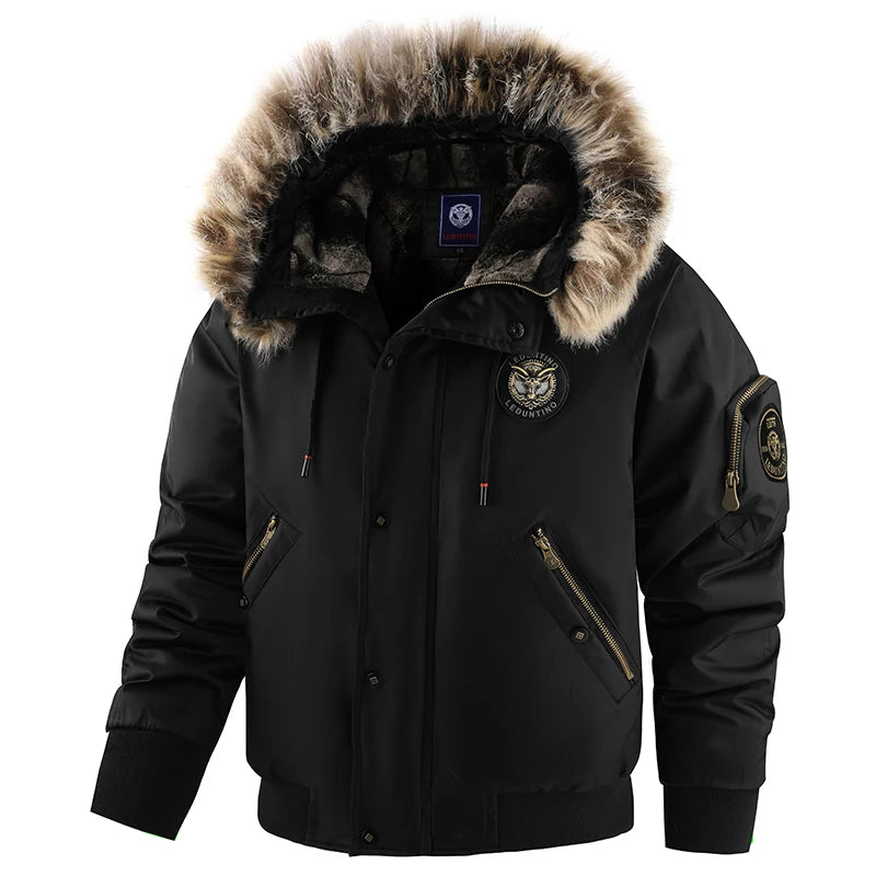 Men's Casual Winter Jacket, Black Hooded Bomber Style, Premium Faux Fur Hood, Good Cold Insulation, Decorative Badge Zipper