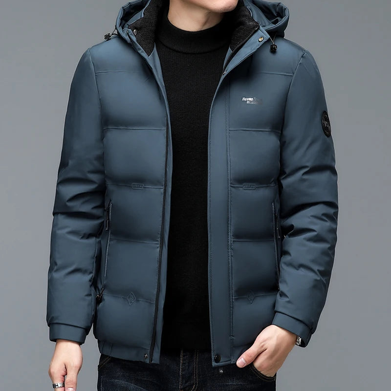Men's Quilted Winter Windbreaker Parka Jacket with Thickened Lining – Hooded Standing Collar Coat for Middle-Aged Warmth