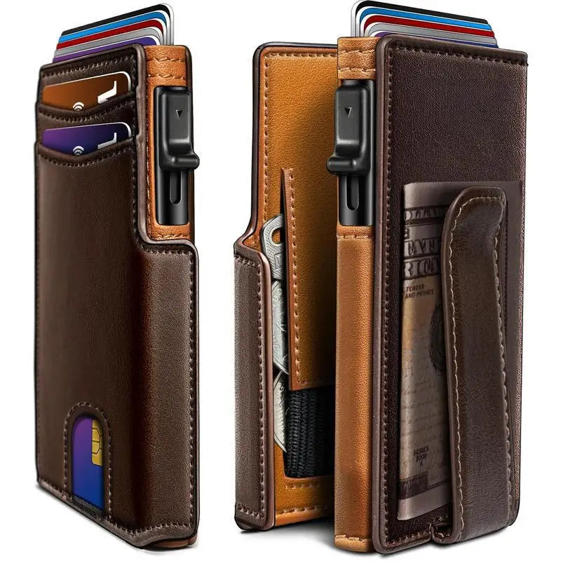 OUIO New Black Leather Wallet For Men Slim Bifold RFID Blocking Wallet With Pop-Up Metal Card Holder Card Sleeves POP UP Wallet