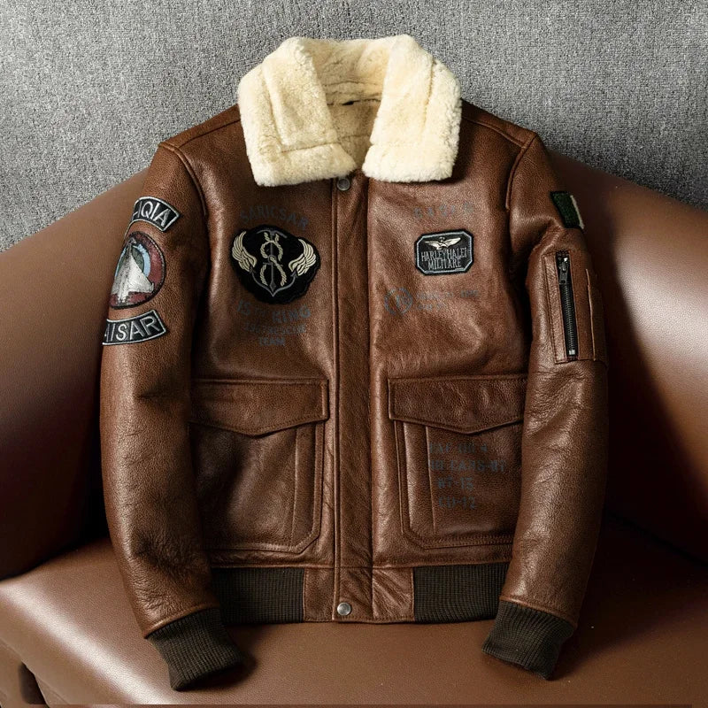 Military A2 Pilot Bomber Genuine Leather Jacket Men Vintage Air Force Flight Wool Collar Sheepskin Coats Winter Jackets for Men