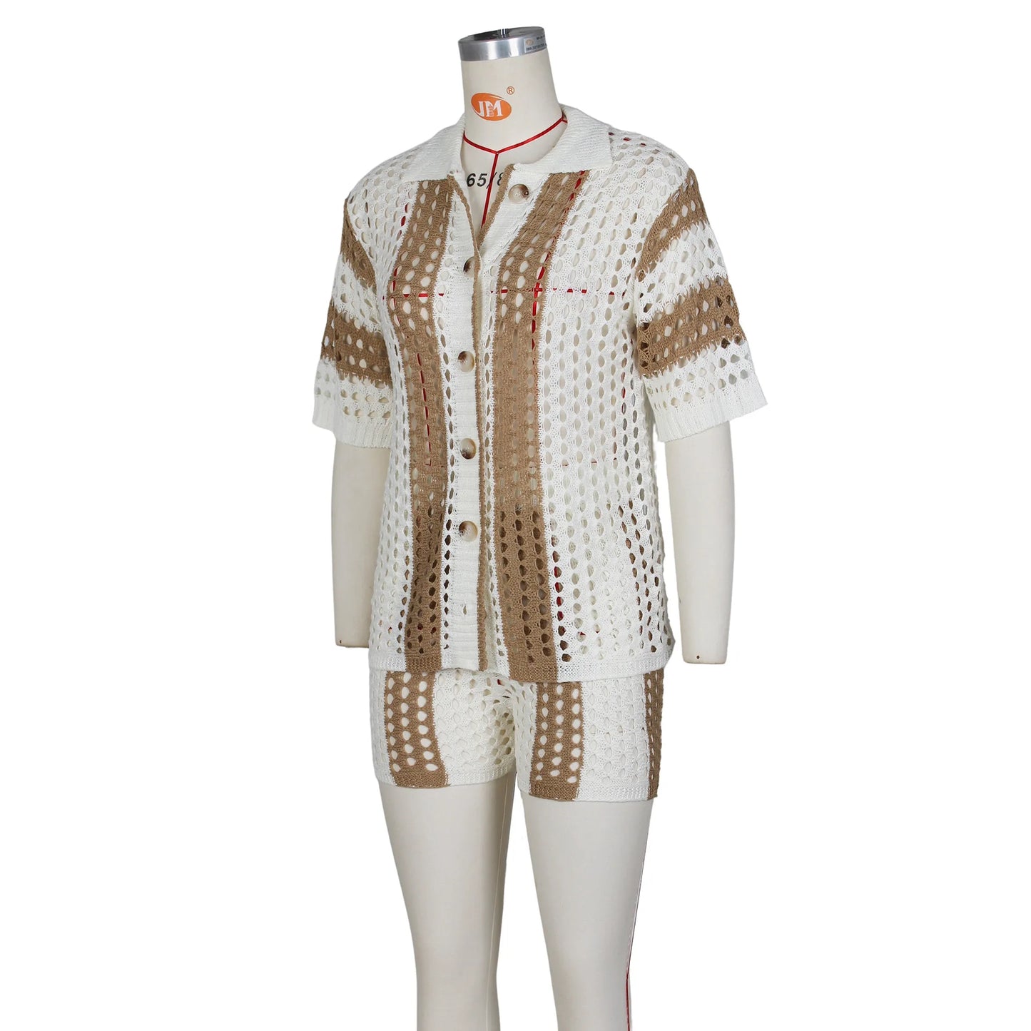 Women's Two Pieces Set Knit Ribbed Crochet Patchwork Outfits Short Sleeve Shirt Sweater Short Suit  Two Set Outfit Tracksuit