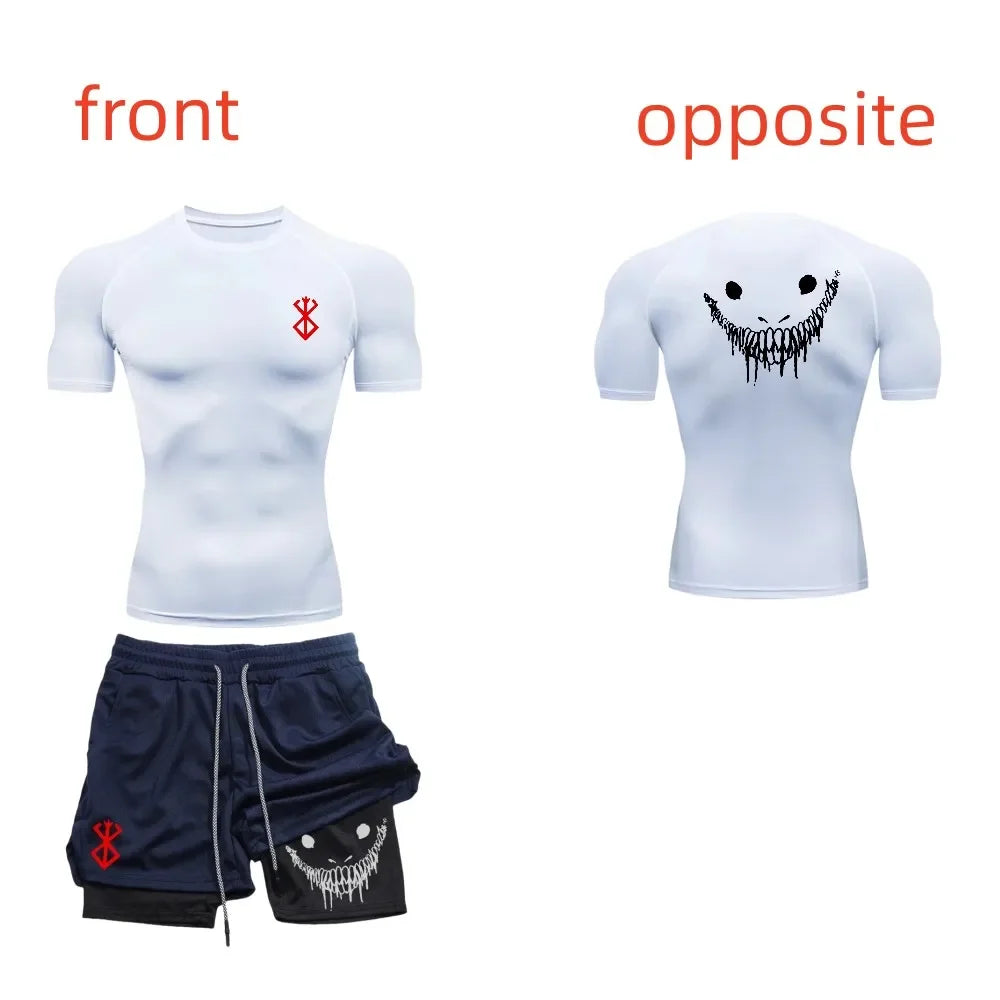 Men's fashionable casual fitness set, gym quick drying sportswear, shorts+shirt, 2-piece set, running, training, summer