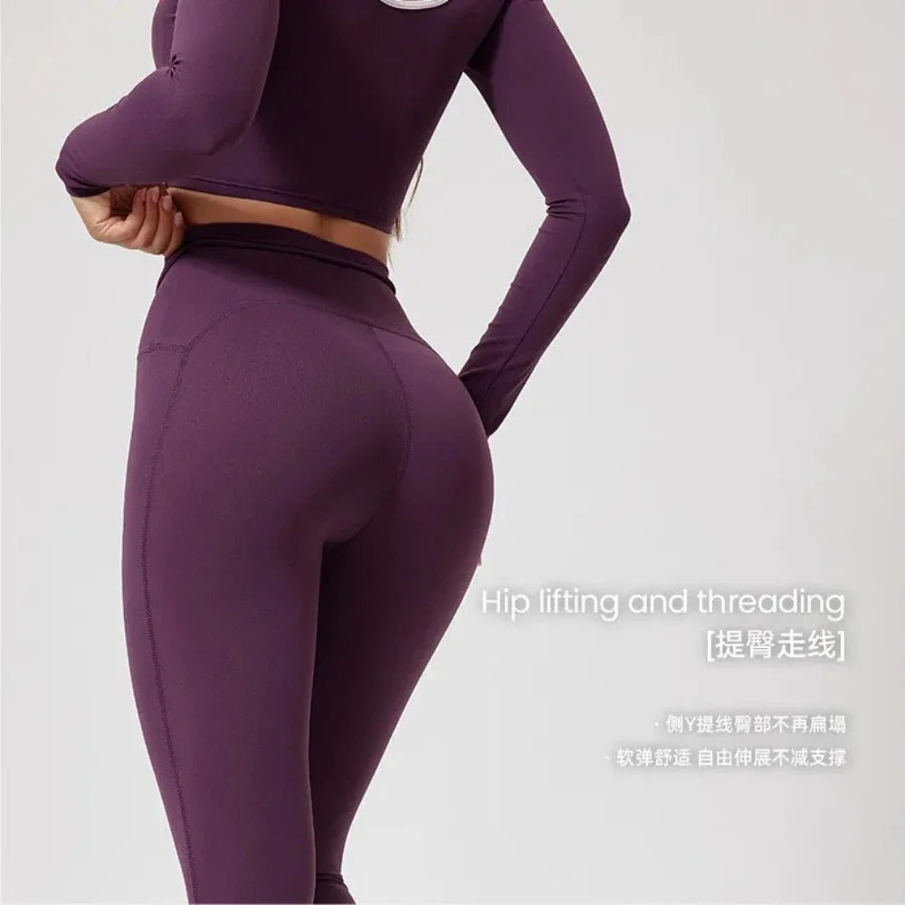 Seamless Yoga Sets Sports Tops Fitness High Waist Hip Lifting Pants Long-Sleeved Suit Running Workout Gym Leggings Set for Women