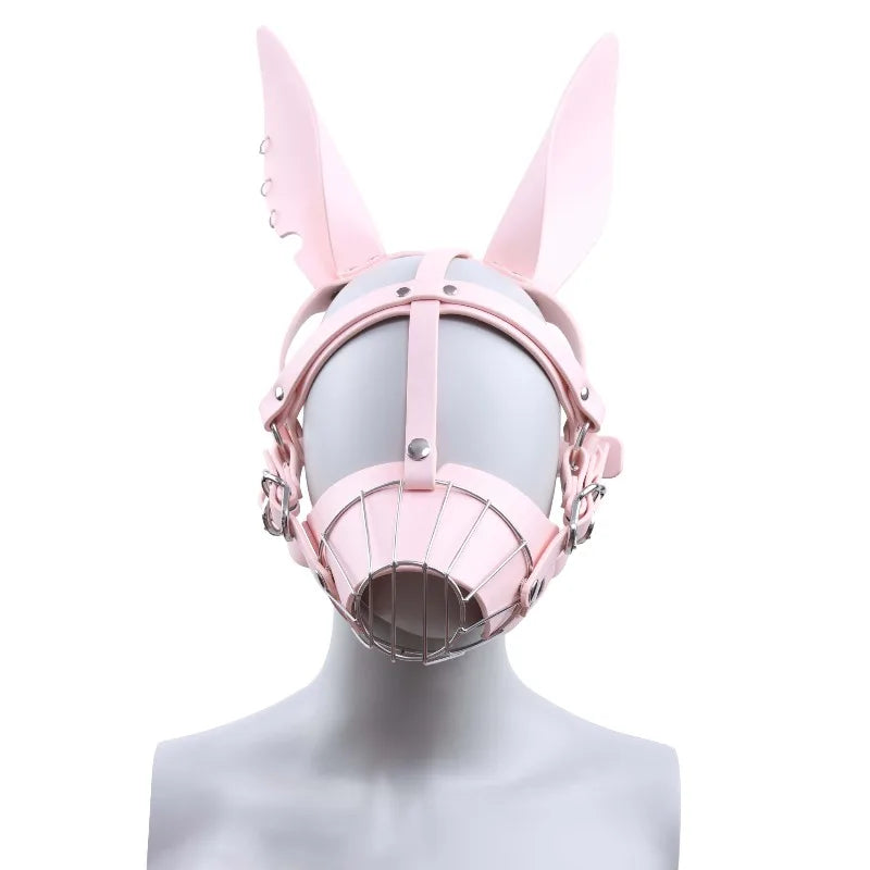 Sexy Pink Leather Hood Cute Style B*SM Human Muzzle Helmet Women Lingerie Restraint Straps Mask Adult Products Role Play Devices