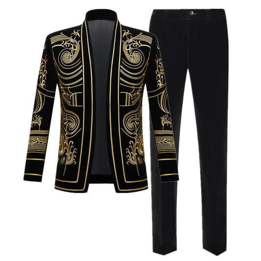 Fashion Brand Men Luxury Embroidered Suits Velvet 2piece European Gentleman Wedding Party Cardigan Style Blazers and Pants