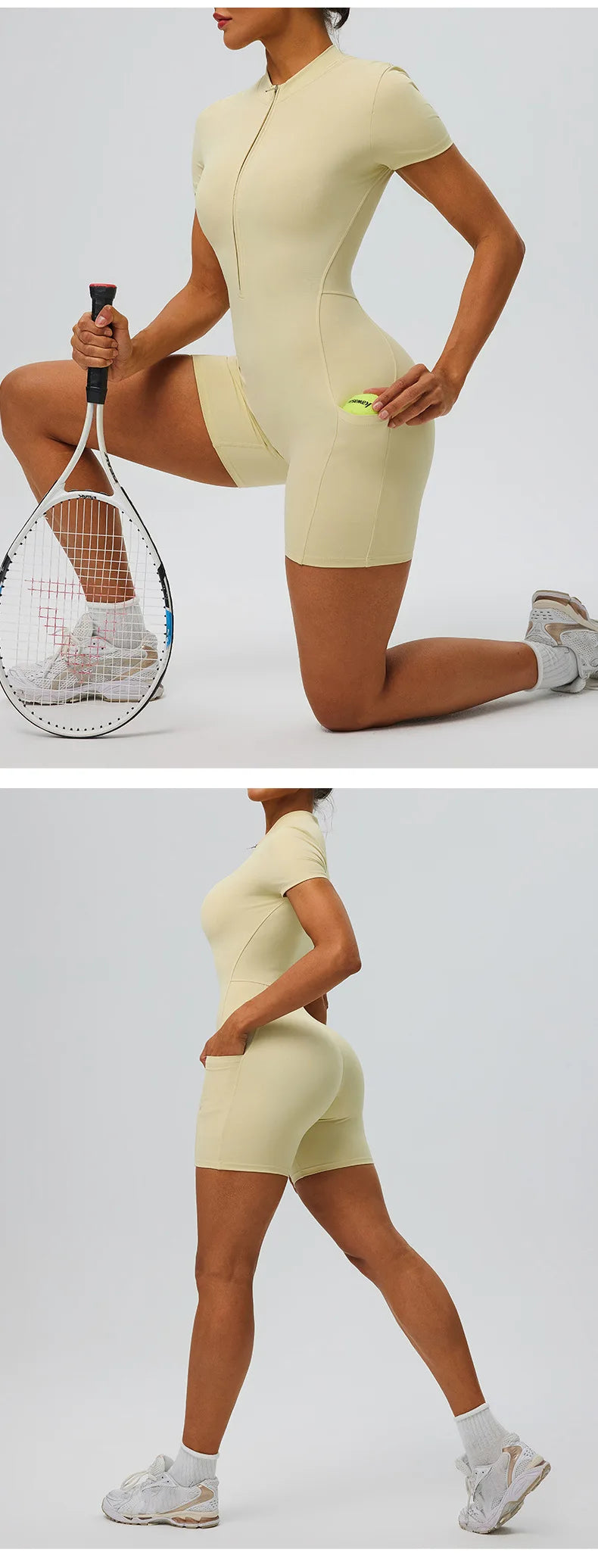 Women's zipper short sleeved yoga jumpsuit with functional pockets for hip lifting and tight fitting sports jumpsuit shorts