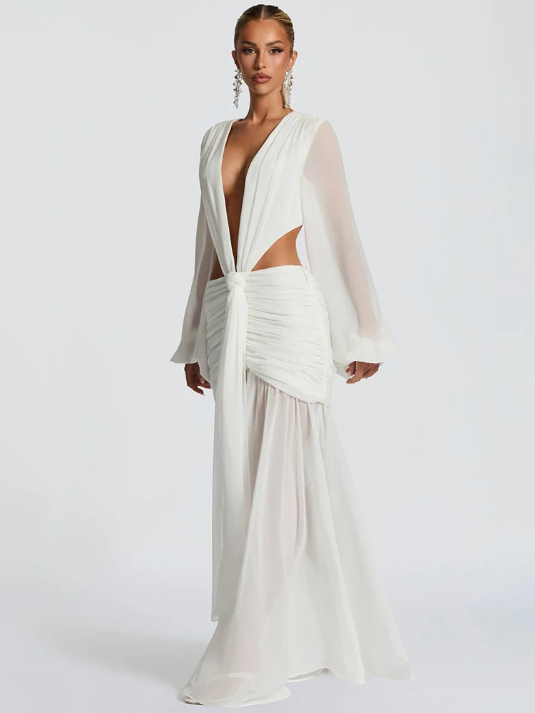 Mozision Deep V Neck Long Sleeve Sexy Maxi Dress Women Gown Fashion Hollow Out Backless Ruched Club Party Long Dress Elegant