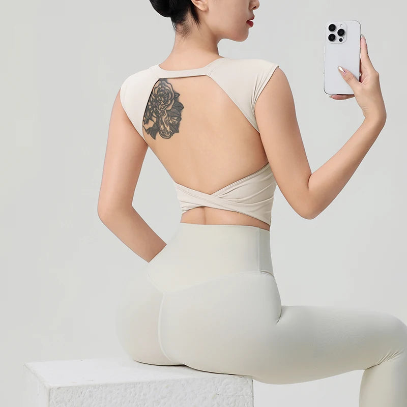 Women's Backless Fitness Clothes with Fixed Chest Pad Beautiful Top Short Sleeve Dance Sport  T-Shirt Yoga Wear