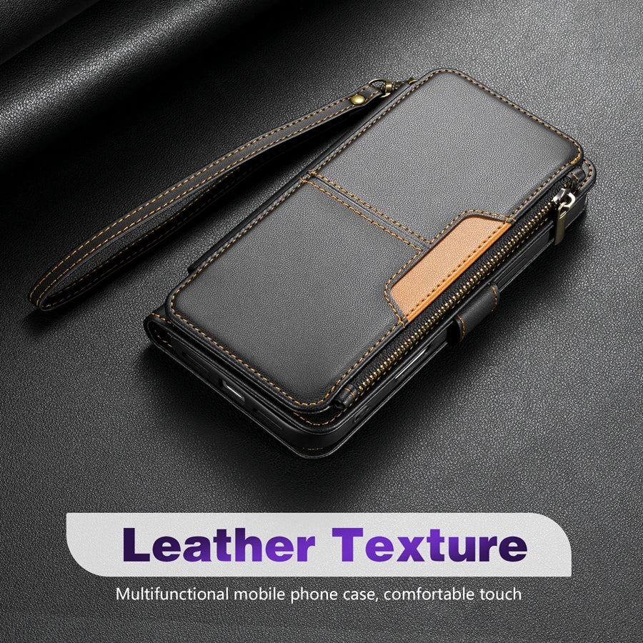 Wallet Multi-card Slot Zipper Kickstand Magnetic Flip Leather Case For iPhone 17 Pro Max 17e Air 16e 15 Plus 14 13 12 11 XR 8 7