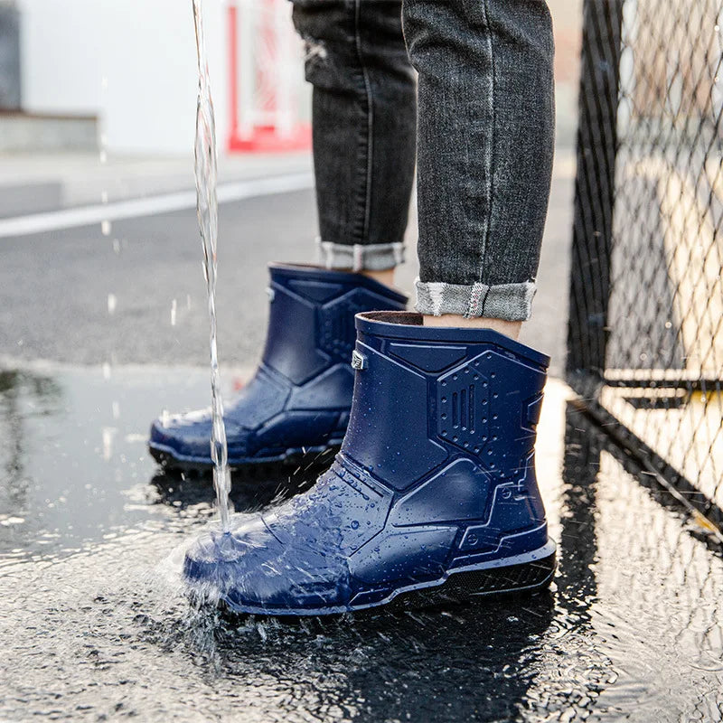 2024 Men Ankle Platform Rain Boots Spring New Fashion Nonslip Waterproof Shoes Solid Color Middle Barrel Rainboots Fishing Shoes