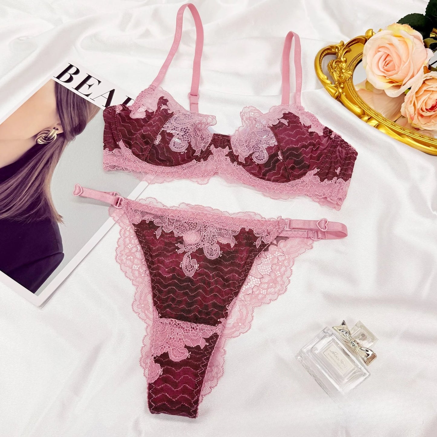 Summer Sexy Ultra-thin Lingerie Set Women French Style Contrast Color Lace Bra Female Anti Sagging Daily Life Underwear Everyday