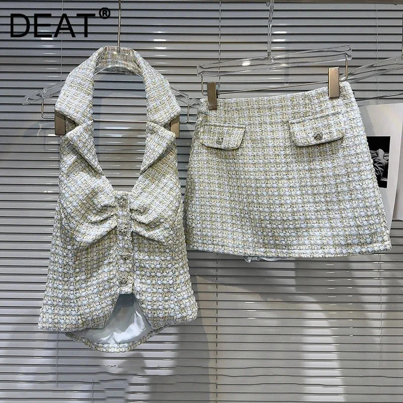 DEAT 2025 Summer New Fashion Two-pieces Set For Women Diamond Buckle Hanging Neck Vest Woven Tweed Short Skirt Female 11A04590