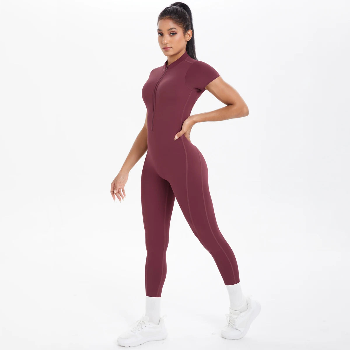 Short Sleeved Fitness Jumpsuit for Woman Bodysuits Backless Solid Color Scrunch One-Piece Suit Half Zipper Gym Yoga Sets Womens