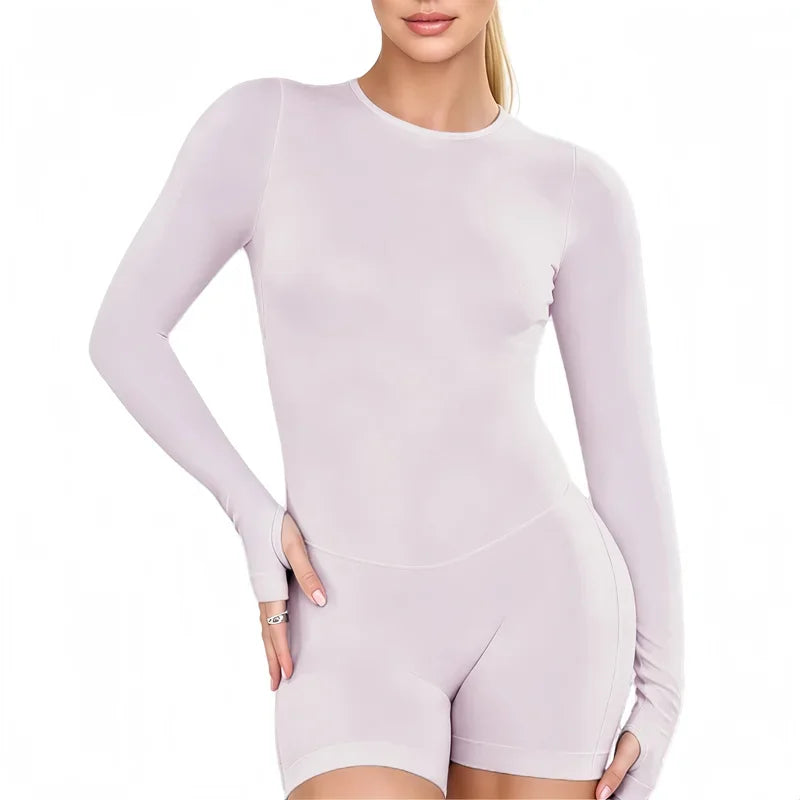 Gym Bodysuit Long Sleeve One Piece Women Hollow Back Bodycon Yoga Fitness Slim Fit Running Workout Backless Sports Jumpsuit
