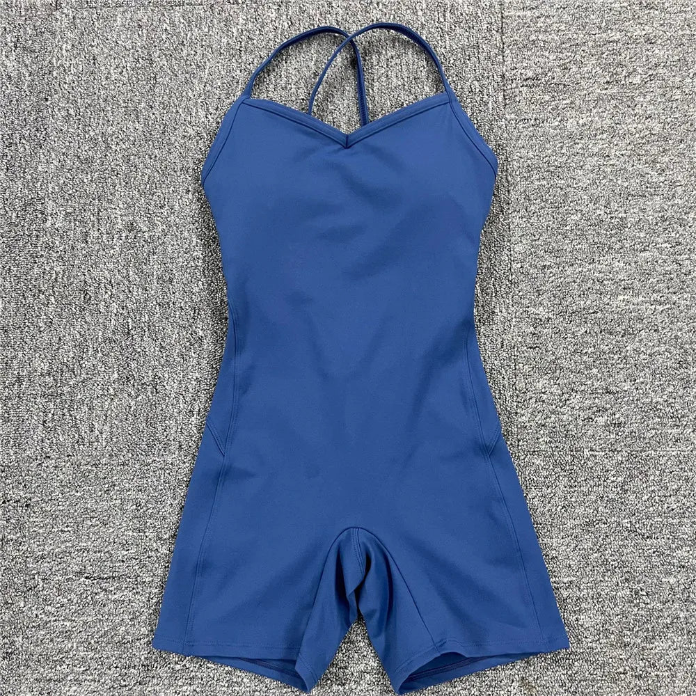 Rückenfreier Sportanzug für Damen, 2023, Lycra, Fitness-Overall, einteiliger Overall, Shorts, Sport-Outfit, Fitnessstudio, Trainingskleidung für Damen, Sportbekleidung