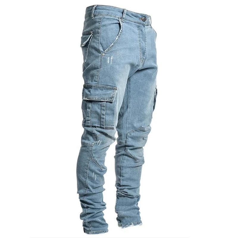Mens Stretch Jeans Black Big Side Pockets Cargo Jeans Fashion Zipper Small Foot Denim Pants Elastic Jogging Trousers Streetwear