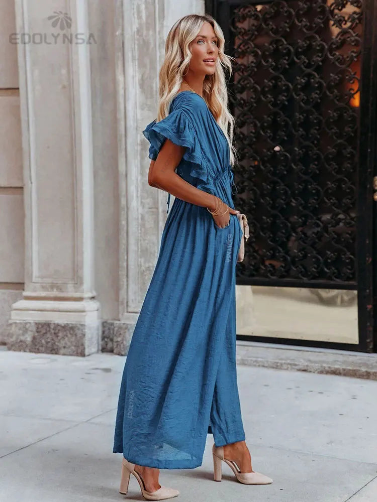 Sexy Deep V-neck Butterfly Sleeve Self Belted High Waist Button Front Open Summer Beach Dress WhiteTunic Women Beachwear Q1208