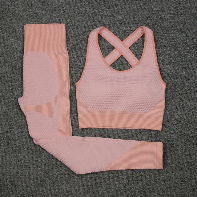 New  Spring Autumn Set Reticulate Stretch Fitness Seamless  Sportswear Suit For Women