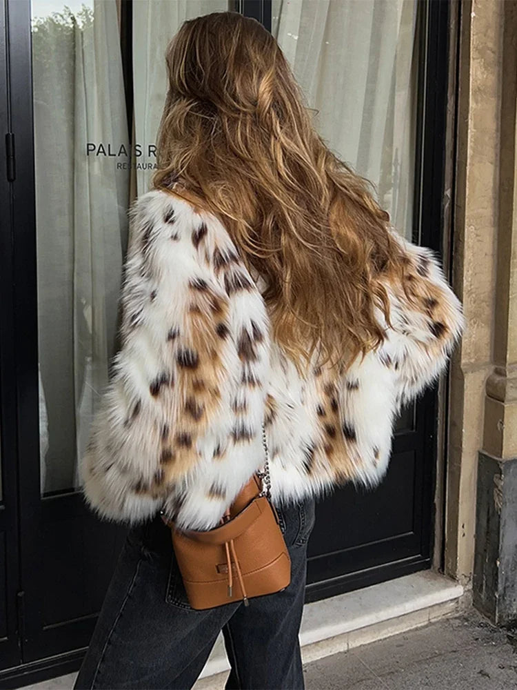 Leopard Faux Fur Autumn Winter Jacket Women Coat Short Plush Stand Collar Panelled Jacket Female Warm Stylish Outerwears Lady
