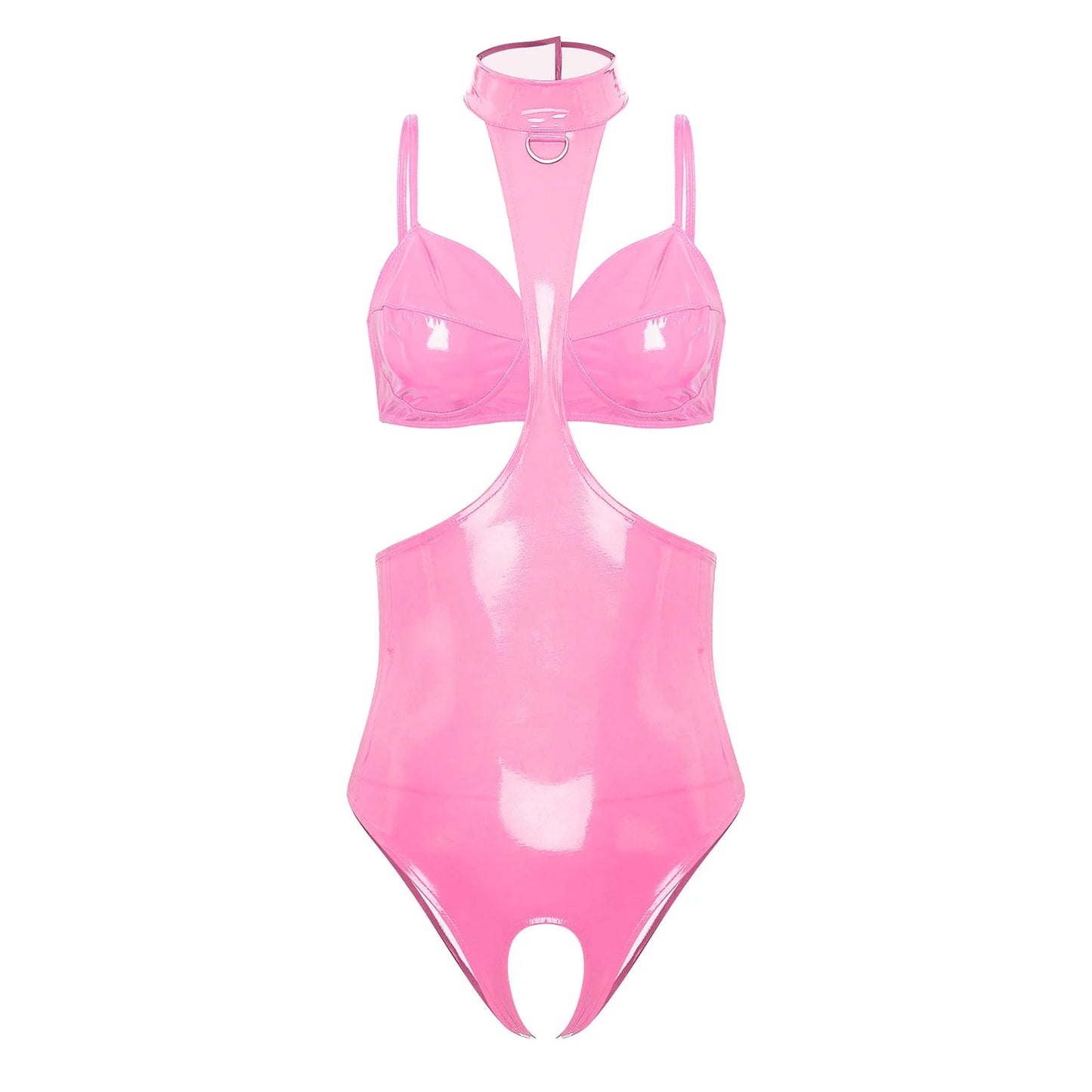 Womens Glossy Halter Cutout Crotchless Bodysuit And Bra Lingerie Set Open Chest Teddies Wet Look Faux Leather Rave Clubwear