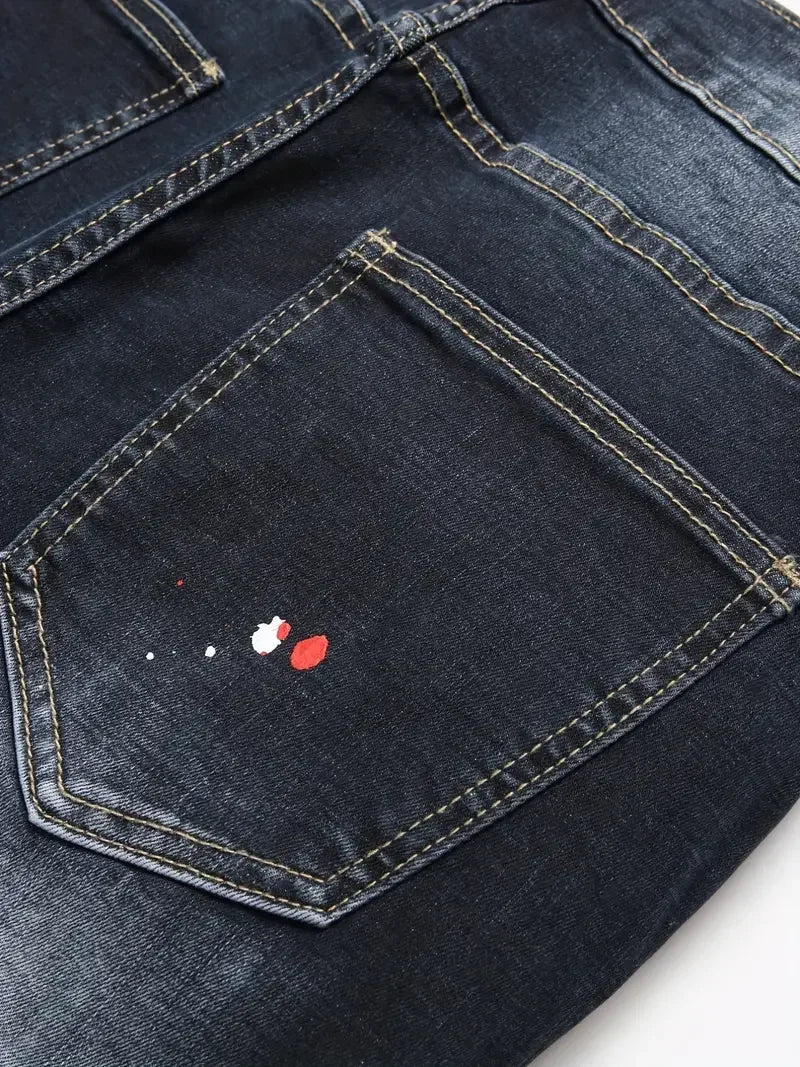 Men Y2K Stretchy Denim Jeans Ripped Skinny Letter Print Elastic Waist Casual Pants for Men Hole Slim Fit Denim Hip Hop Trousers