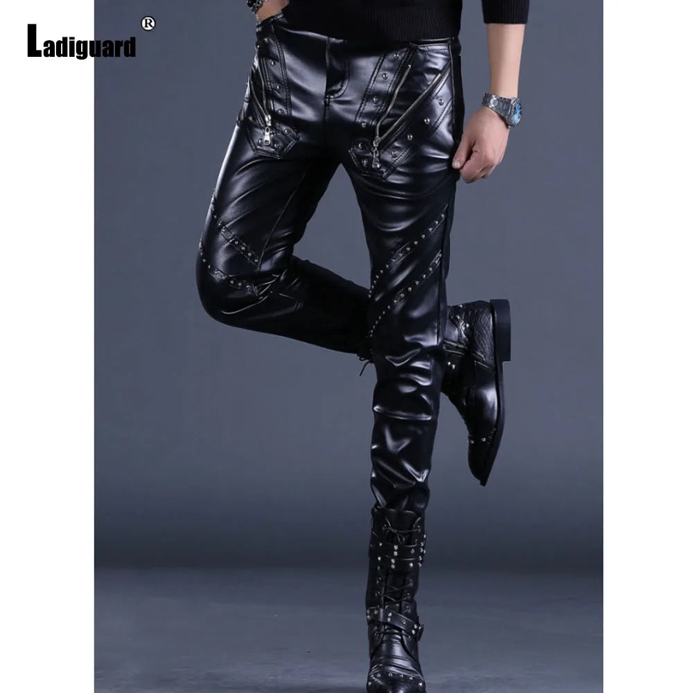 Men Fashion Rock Style PU Leather Pants Sexy Night Club Dance Pants Men's Rivets Zipper Faux Leather Slim Motorcycle Trouser New