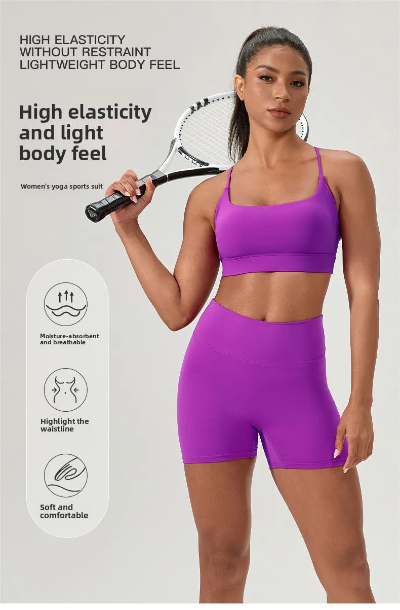 Yoga suit set, sexy back, sports bra, high waist, hip lifting, tight shorts, running and fitness two-piece set Women' Yoga sets